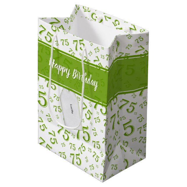 75th Happy Birthday Green/White Number Pattern Medium Gift Bag (Front Angled)