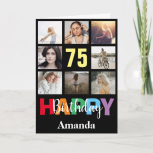 75th Happy Birthday Photo Collage Modern Black Card