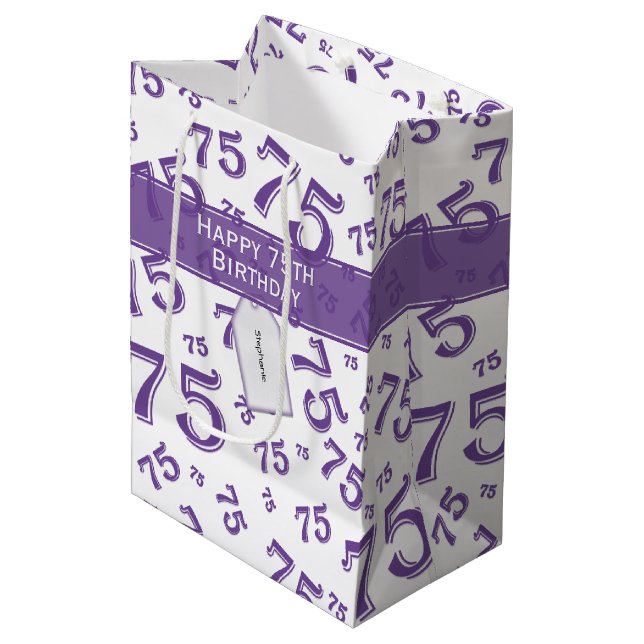 75th Happy Birthday Purple/White Number Pattern Medium Gift Bag (Front Angled)