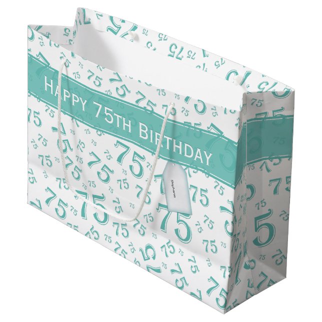 75th Happy Birthday Teal/White Number Pattern Large Gift Bag (Front Angled)