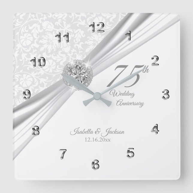 75th or 60th Diamond Wedding Anniversary Keepsake Square Wall Clock (Front)