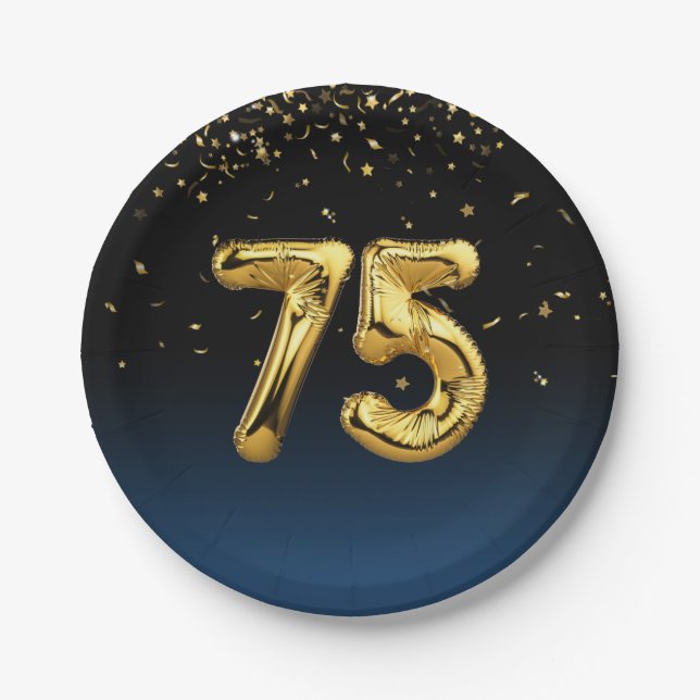 75th Party Balloons And Gold Confetti  Paper Plate (Front)