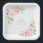 75th Party Pink Floral Custom Paper Plate<br><div class="desc">A beautiful and feminine custom paper plate to celebrate a 75th birthday in elegant style. This floral design is bordered with a frame of charming pink peonies and greenery.</div>