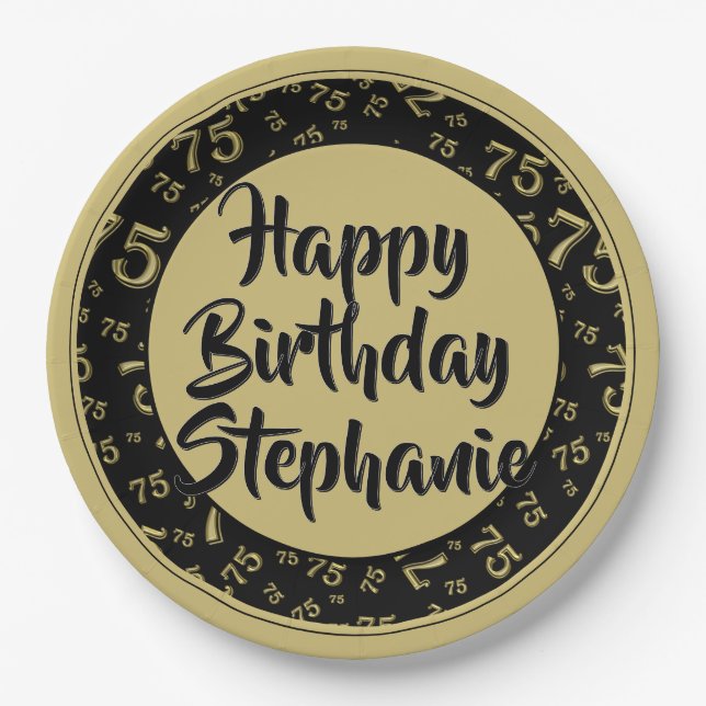 75th Party Random Number Pattern Black/Gold Paper Plate (Front)
