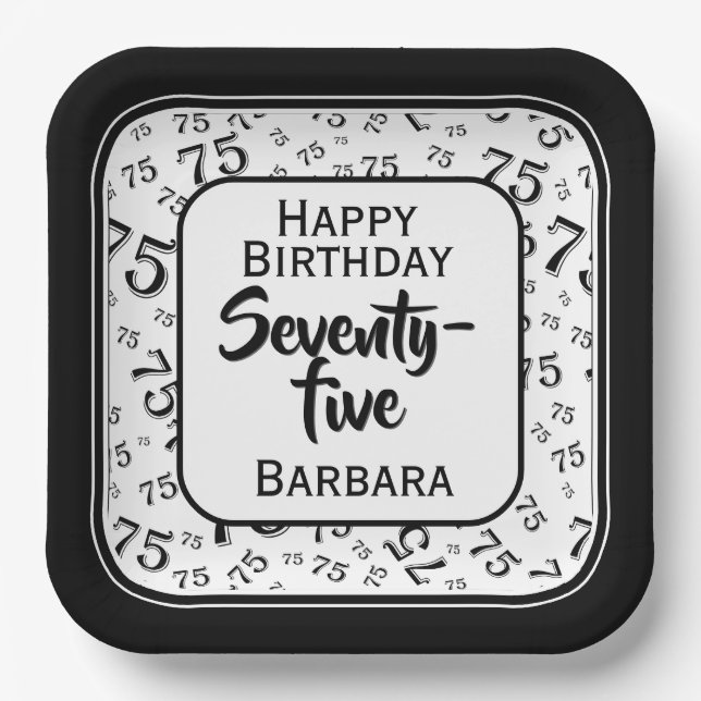 75th Party Random Number Pattern Black/White Paper Plate (Front)