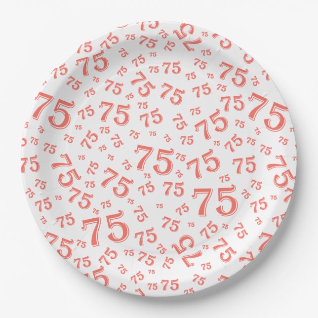 75th Party Random Number Pattern Coral/White Paper Plate (Front)