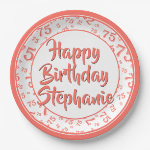 75th Party Random Number Pattern Coral/White Paper Plate