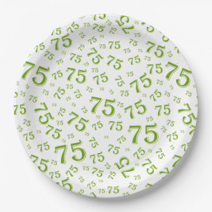 75th Party Random Number Pattern Green/White Paper Plate