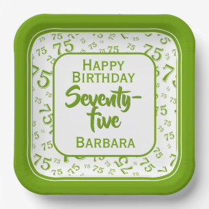 75th Party Random Number Pattern Green/White Paper Plate