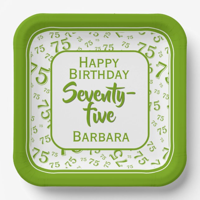 75th Party Random Number Pattern Green/White Paper Plate (Front)