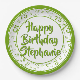 75th Party Random Number Pattern Green/White Paper Plate