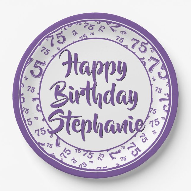 75th Party Random Number Pattern Purple/White Paper Plate (Front)