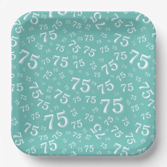 75th Party Random Number Pattern Teal/White Paper Plate (Front)