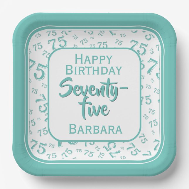 75th Party Random Number Pattern Teal/White Paper Plate (Front)