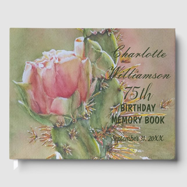75th Peach Cactus Floral Birthday Memory Guest Book (Front)