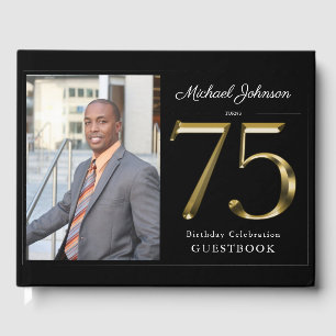 75th Solid Classy Black Gold Custom Photo Birthday Guest Book