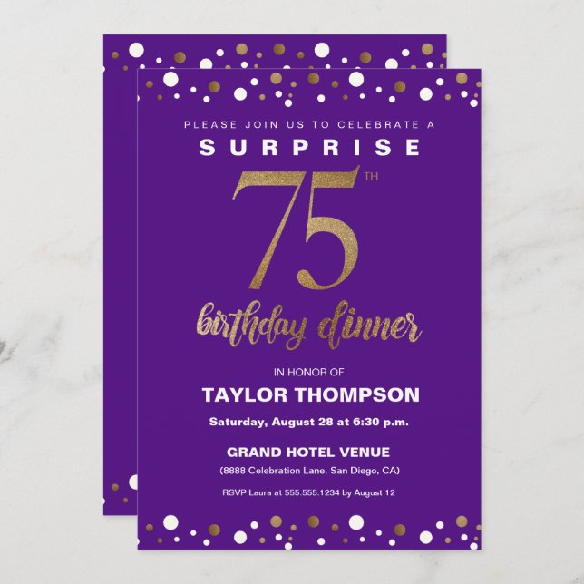 75TH Surprise birthday dinner purple gold  Invitation (Front/Back)