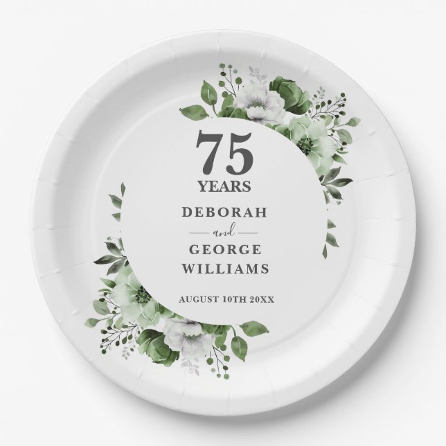 75th Wedding Anniversary Greenery Floral Paper Plate (Front)
