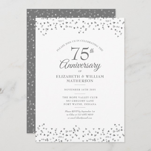 75th Wedding Anniversary Love Hearts Confetti Invitation (Front/Back)