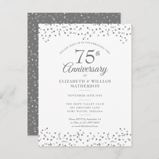 75th Wedding Anniversary Love Hearts Confetti  Invitation Postcard (Front/Back)