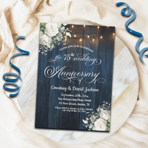 75th Wedding Anniversary Rustic Blue String Lights Invitation