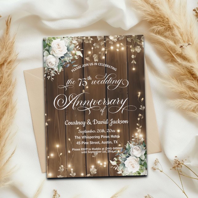 75th Wedding Anniversary Rustic String Lights  Invitation (Creator Uploaded)