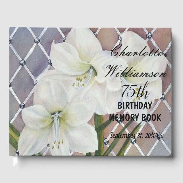 75th White Amaryllis Floral Birthday Memory Guest Book (Front)