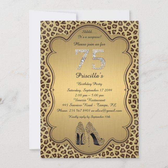 75thBirthday Party , 75th,Cheetah High Heels Shoes Invitation (Front)