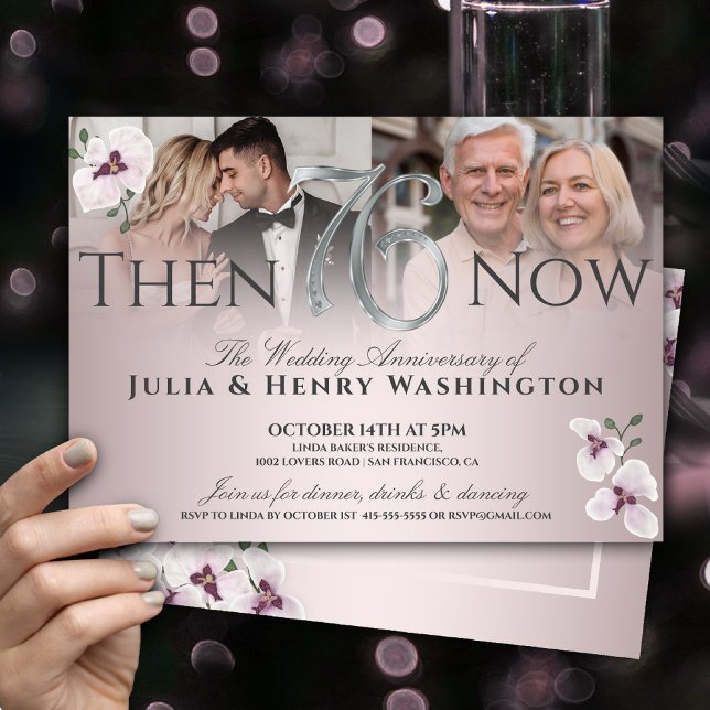 76th Anniversary Elegant Orchid Then And Now Invitation (Creator Uploaded)