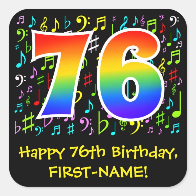 76th Birthday: Colourful Music Symbols, Rainbow 76 Square Sticker (Front)