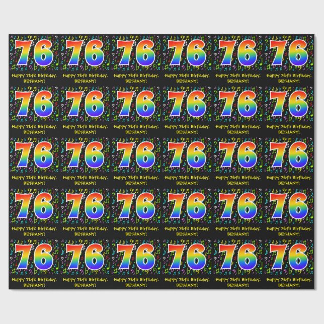 76th Birthday: Colourful Music Symbols, Rainbow 76 Wrapping Paper (Flat)