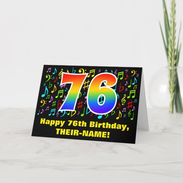 76th Birthday: Colourful Music Symbols & Rainbow 7 Card (Front)