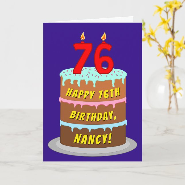 76th Birthday: Fun Cake and Candles + Custom Name Card (Yellow Flower)
