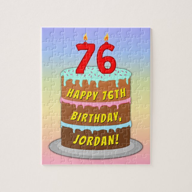 76th Birthday: Fun Cake and Candles + Custom Name Jigsaw Puzzle (Vertical)