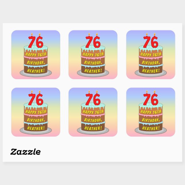 76th Birthday: Fun Cake and Candles + Custom Name Square Sticker (Sheet)