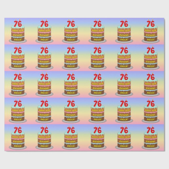 76th Birthday: Fun Cake and Candles + Custom Name Wrapping Paper (Flat)