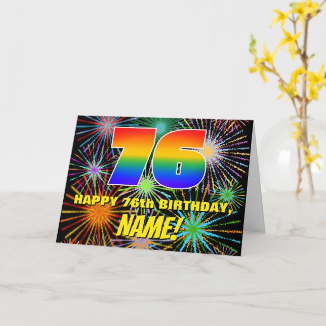 76th Birthday: Fun, Colourful Celebratory Firework Card (Yellow Flower)