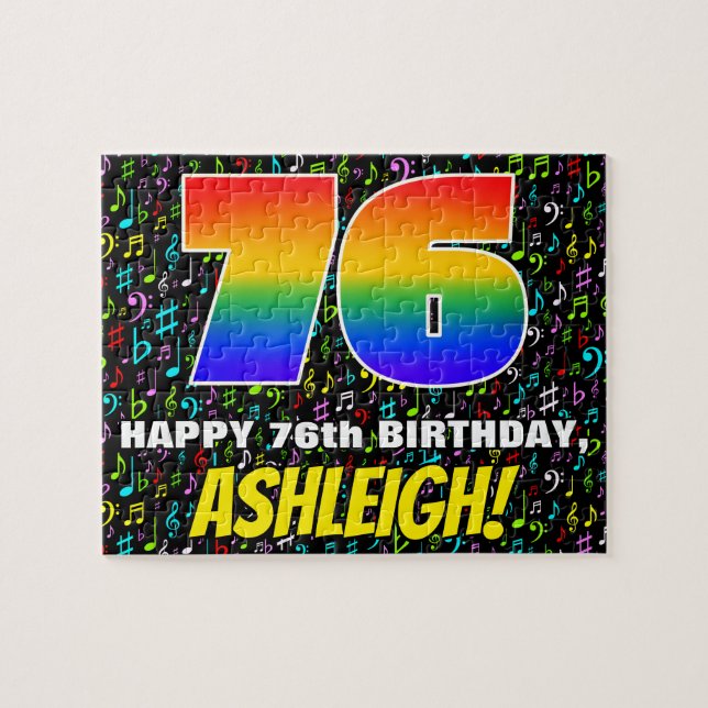76th Birthday — Fun, Colourful Music Symbols & “76 Jigsaw Puzzle (Horizontal)