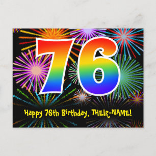 76th Birthday – Fun Fireworks Pattern + Rainbow 76 Postcard
