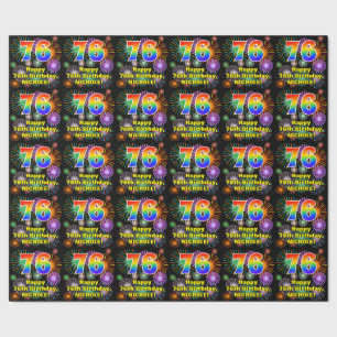 76th Birthday: Fun Fireworks, Rainbow Look # “76” Wrapping Paper