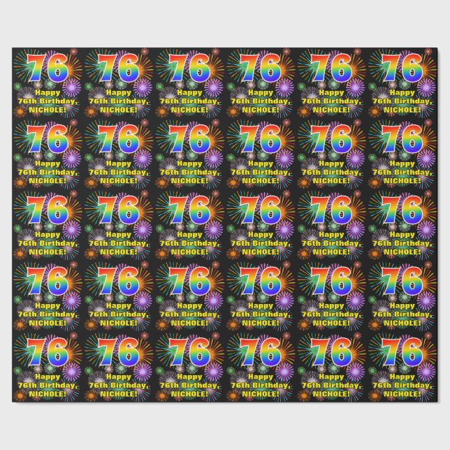 76th Birthday: Fun Fireworks, Rainbow Look # “76” Wrapping Paper (Seam)
