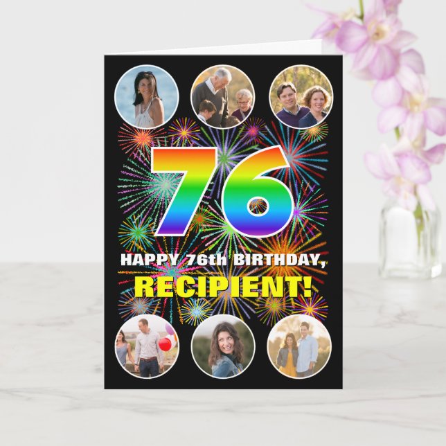 76th Birthday: Fun Rainbow #, Custom Name & Photos Card (Orchid)