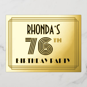 76th Birthday Party ~ Art Deco Style “76” + Name Foil Invitation Postcard