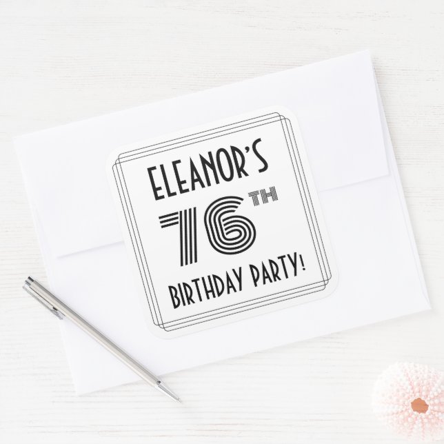 76th Birthday Party: Art Deco Style + Custom Name Square Sticker (Envelope)
