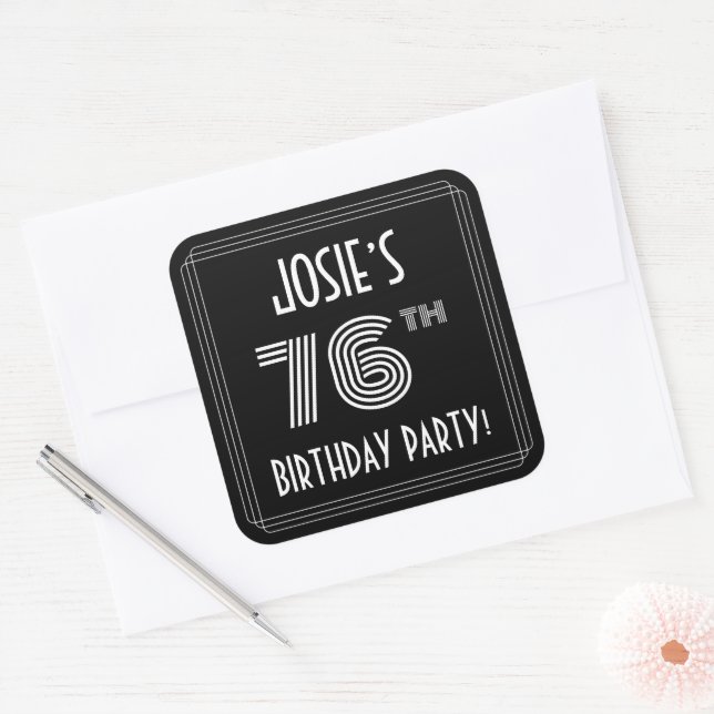 76th Birthday Party: Art Deco Style & Custom Name Square Sticker (Envelope)
