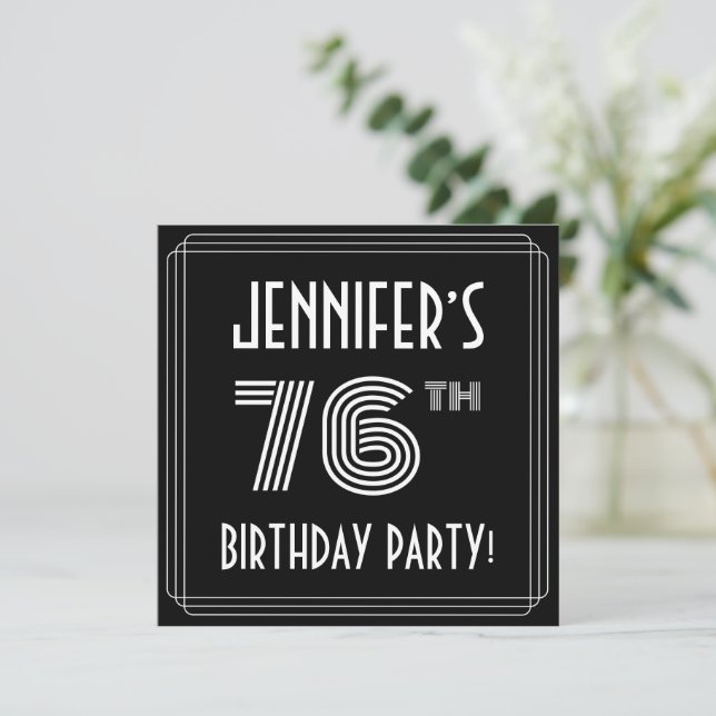 76th Birthday Party: Art Deco Style w/ Custom Name Invitation (Standing Front)
