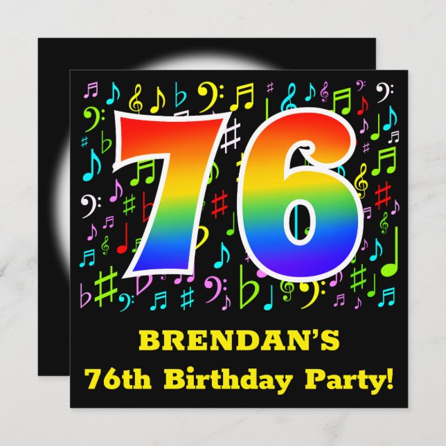 76th Birthday Party: Fun Music Symbols, Rainbow 76 Invitation (Front/Back)