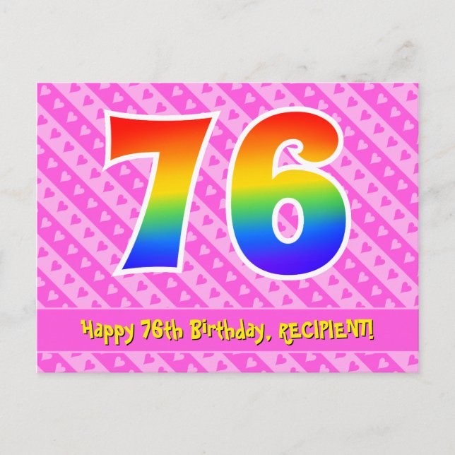 76th Birthday: Pink Stripes & Hearts, Rainbow 76 Postcard (Front)