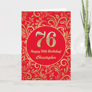 76th Birthday Red and Gold Floral Pattern Card