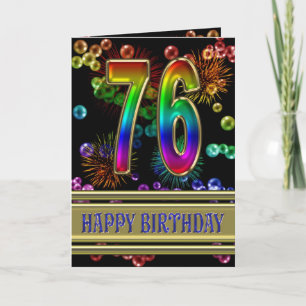 76th Birthday with rainbow bubbles and fireworks Card